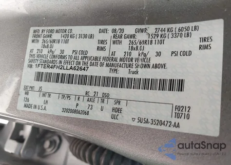 2020 Ford Ranger Xlt from USA, damaged, VIN 1FTER4FH2LLA62647